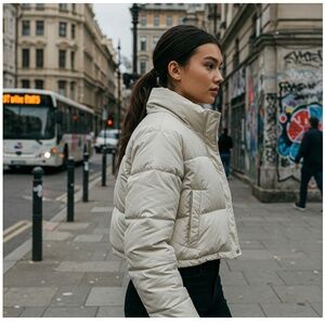 Express Ivory Puffer Jacket with High Collar and Cropped Length Size Large